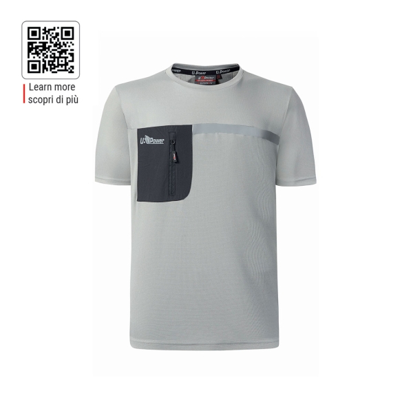 Upower Christal Camiseta Hombre con Termorregulacion Inteligente - Talla 2XL - Efecto Antimicrobiano, Detalles Reflectantes, Bolsillo con Cremallera, Proteccion DPI1 - Color Gris Claro