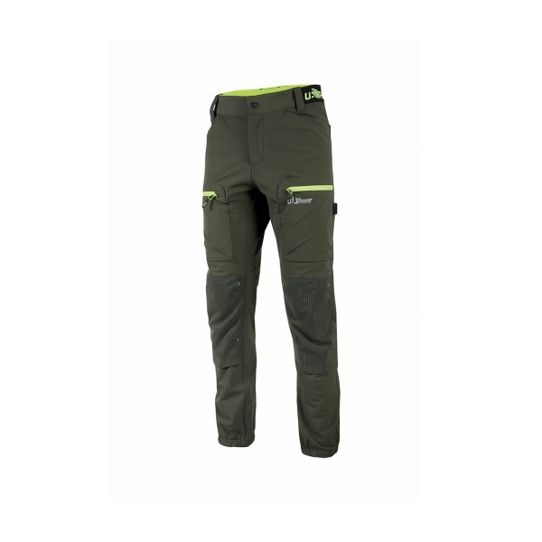 Upower Horizon Pantalones de Trabajo Elasticos - Talla XL - Impermeables, Transpirables, Secado Rapido, Multibolsillo, Proteccion Lumbar, Cinta Reflectante, DPI1 - Color Verde Oscuro