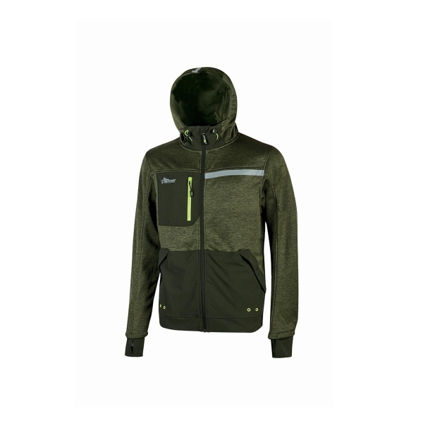Upower Galaxy Sudadera de Trabajo con Cremallera - Talla XL - Transpirable y de Secado Rapido, Capucha Ajustable, Bolsillos con Drenaje, Bandas Reflectantes, Proteccion DPI1 - Color Verde Oscuro