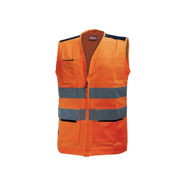 Upower Smart Chaleco Multifuncional - Talla M - Bolsillos con Portatarjetas Retractil, Cintura Ajustable, Malla Transpirable, Tiras Reflectantes, Triple Costuras, Proteccion DPI2 - Color Naranja Fluorescente