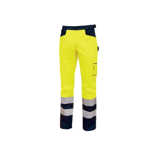 Upower Light Pantalon de Trabajo con Multiples Bolsillos - Talla 4XL - Eslinga para Martillo, Cintura Elastica, Rodillas Preformadas, Rayas Reflectantes, Triple Costuras, Proteccion DPI2 - Color Amarillo Fluorescente