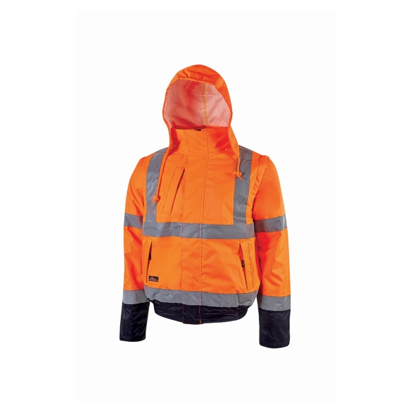 Upower Crafty Cazadora Bomber Alta Visibilidad - Talla 2XL - Mangas Separables, Bandas Reflectantes, Antilluvia, Transpirable, Impermeable, Capucha Plegable, Proteccion DPI3 - Color Naranja Fluorescente