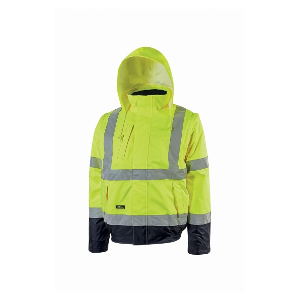 Upower Crafty Cazadora Bomber Alta Visibilidad - Talla 3XL - Mangas Separables, Bandas Reflectantes, Antilluvia, Transpirable, Impermeable, Multiples Bolsillos, Capucha Plegable, Proteccion DPI3 - Color Amarillo Fluorescente