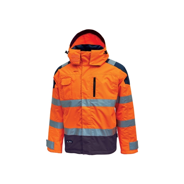 Upower Defender Parka Anti-Lluvia Impermeable y Transpirable - Talla L - Rayas Reflectantes, Multiples Bolsillos Espaciosos, Capucha Ajustable y Desmontable, Proteccion DPI3 - Color Naranja Fluorescente