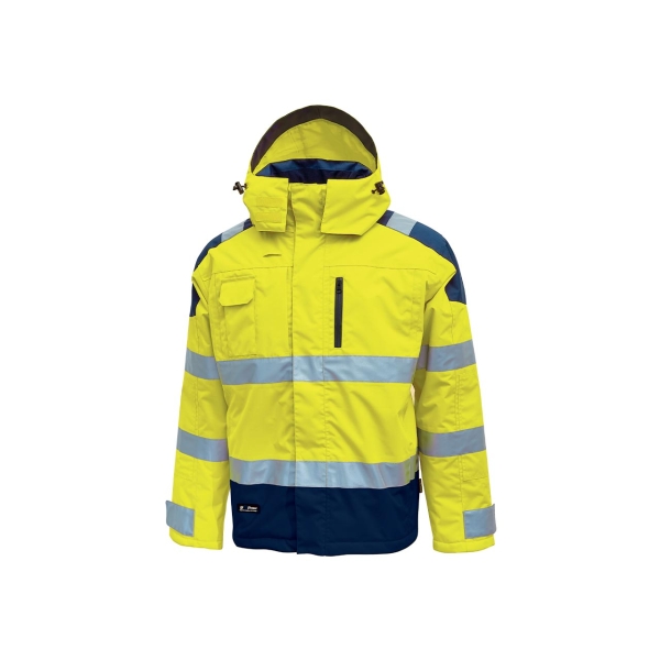Upower Defender Parka Anti-Lluvia Impermeable y Transpirable - Talla M - Reflectantes en Busto y Mangas, Bolsillo Multimedia con Free Sound, Capucha Desmontable, Proteccion DPI3 - Color Amarillo Fluorescente