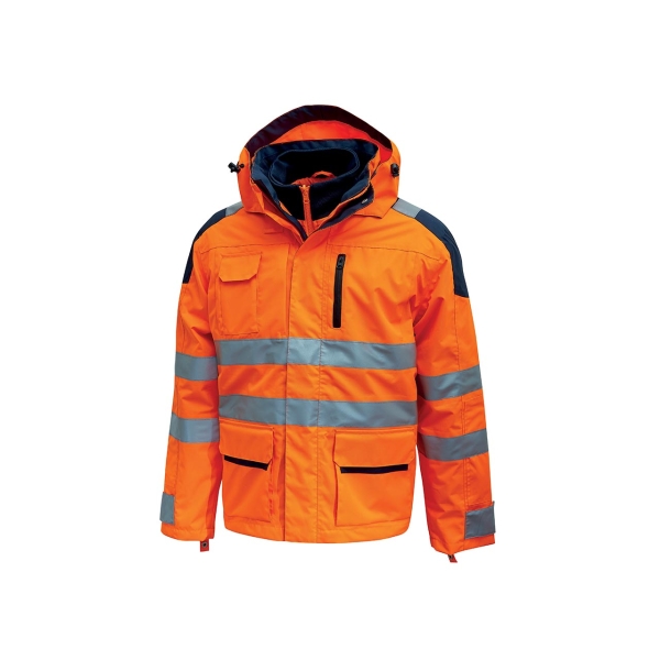 Upower Backer Parka Impermeable y Transpirable - Talla 3XL - Detalles Reflectantes, Multiples Bolsillos, Capucha Desmontable, Interior Termico, Proteccion DPI3, Tecnologia Free Sound - Color Naranja Fluorescente