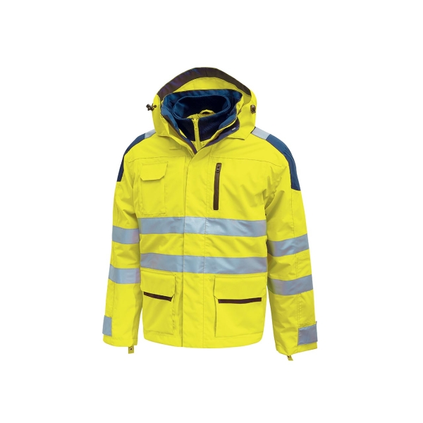 Upower Backer Parka Impermeable y Transpirable - Talla 4XL - Detalles Reflectantes, Multiples Bolsillos Funcionales, Capucha Desmontable, Proteccion DPI3, Tecnologia de Sonido - Color Amarillo Fluorescente