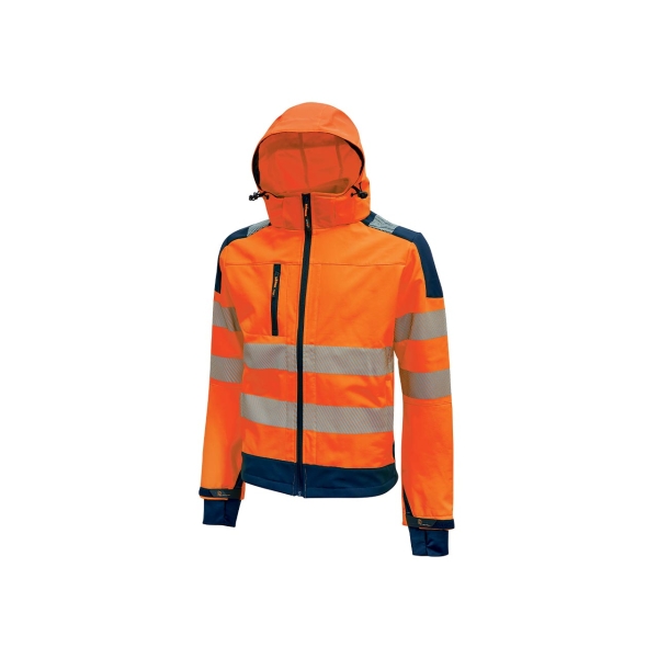 Upower Miky Chaqueta Softshell - Talla 4XL - Transpirable, Elastica, Cortaviento, Repelente al Agua, Capucha Desmontable, Bolsillos con Cremallera, Detalles Reflectantes, Proteccion DPI2 - Color Naranja Fluorescente