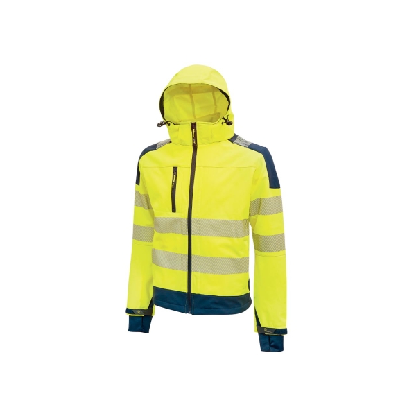 Upower Miky Chaqueta Softshell - Talla XL - Transpirable, Elastica, Cortaviento, Repelente al Agua, Capucha Desmontable, Bolsillos con Cremallera, Detalles Reflectantes, Proteccion DPI2 - Color Amarillo Fluorescente