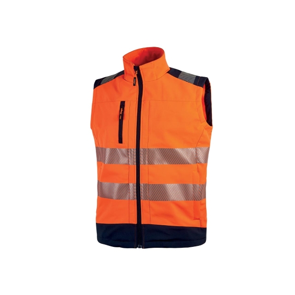 Upower Dany Chaleco Soft Shell Transpirable - Talla S - Impermeable, Bolsillo Pecho Cremallera, Cordon Antienredo, Corte Ajustado, Bandas Reflex, Proteccion DPI2 - Color Naranja Fluorescente