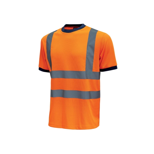 Upower Glitter Camiseta con Rayas Reflectantes - Talla 2XL - Cuello y Mangas en Costillas Elasticas, Banda para el Sudor, Alta Transpirabilidad, Proteccion DPI2, 50 Lavados Maximo - Color Naranja Fluorescente