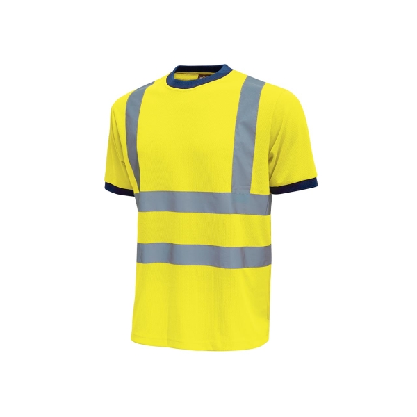 Upower Glitter Camiseta con Rayas Reflectantes - Talla S - Cuello y Mangas en Costillas Elasticas, Banda para el Sudor, Alta Transpirabilidad, Proteccion DPI2, Hasta 50 Lavados - Color Amarillo Fluorescente