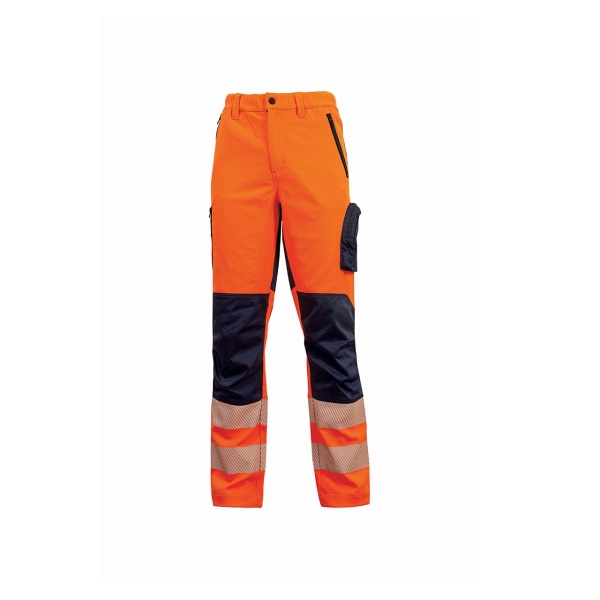 Upower Roy Pantalones de Alta Visibilidad Elasticos - Talla XS - Tejido Stretch, Multiples Bolsillos con Cierre Zip, Cintura Elastica, Rodillas Preformadas, Proteccion DPI2 - Color Naranja Fluorescente