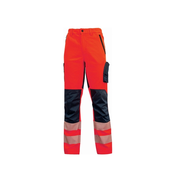 Upower Roy Pantalones Alta Visibilidad Elasticos - Talla L - Tejido Stretch, Multiples Bolsillos con Cierre Zip, Cintura Elastica, Rodillas Preformadas, Proteccion DPI2 - Color Rojo Fluorescente