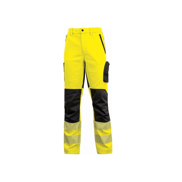 Upower Roy Pantalones de Alta Visibilidad Elasticos - Talla S - Tejido Stretch, Multiples Bolsillos con Cierre Zip, Cintura Elastica, Rodillas Preformadas, Proteccion DPI2 - Color Amarillo Fluorescente