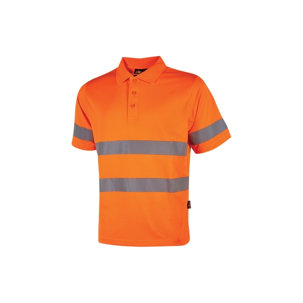 Upower Enif Polo de Trabajo de Alta Visibilidad - Talla L - Franjas Reflectantes en Torso y Mangas, Tejido Transpirable y Resistente, Cuello de Canale con Botones, Tira Antisudor - Color Naranja Fluorescente