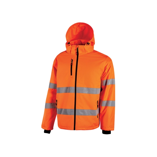 Upower Imai Chaqueta Acolchada de Trabajo - Talla M - Tejido Repelente al Agua, Bandas Reflectantes, Capucha Desmontable, Puños Elasticos, Amplios Bolsillos, Resistente a Lavados - Color Naranja Fluorescente
