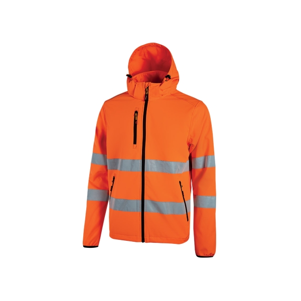 Upower Cursa Chaqueta de Trabajo Softshell Stretch - Talla XL - Transpirable, Cortavientos, Repelente al Agua, Bandas Reflectantes, Capucha Desmontable, Multiples Bolsillos, Puños Elasticos - Color Naranja Fluorescente