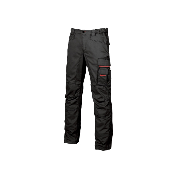 Upower Smile Pantalones de Trabajo en Algodon Elastico - Talla 58 - Bolsillos Multifuncionales, Cierre Resistente, Refuerzo en Rodillas, Ajuste Slim Fit, Proteccion DPI1 - Color Negro Carbon