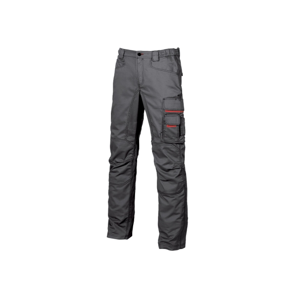 Upower Smile Pantalones de Trabajo en Algodon Elastico - Talla 52 - Multiples Bolsillos, Cierre Cremallera, Refuerzos Rodillas, Ajuste Slim Fit, Proteccion DPI1 - Color Gris Meteorito