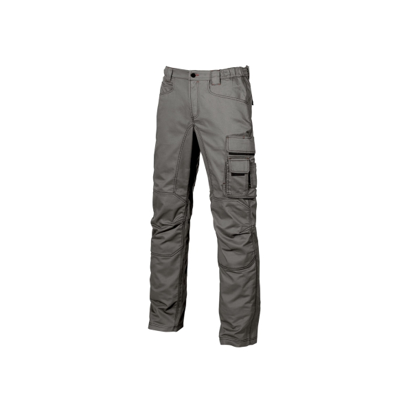 Upower Smile Pantalones de Trabajo en Algodon Elastico - Talla 46 - Multiples Bolsillos, Cierre Cremallera y Boton Resistente, Refuerzos en Rodillas, Ajuste Slim Fit, Proteccion DPI1 - Color Gris Piedra