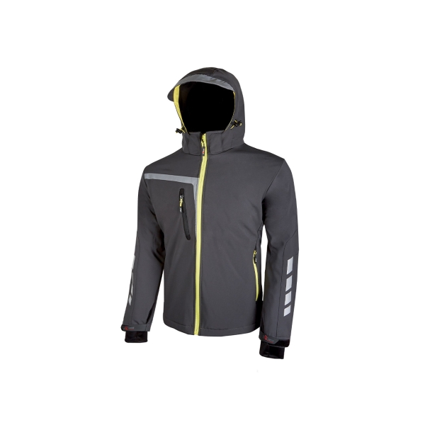 Upower Quick Chaqueta Soft Shell - Talla L - Tejido Elastico Cortavientos, Transpirable y Repelente al Agua, Bolsillo con Cierre Impermeable, Capucha Ajustable, Proteccion DPI1 - Color Gris Asfalto