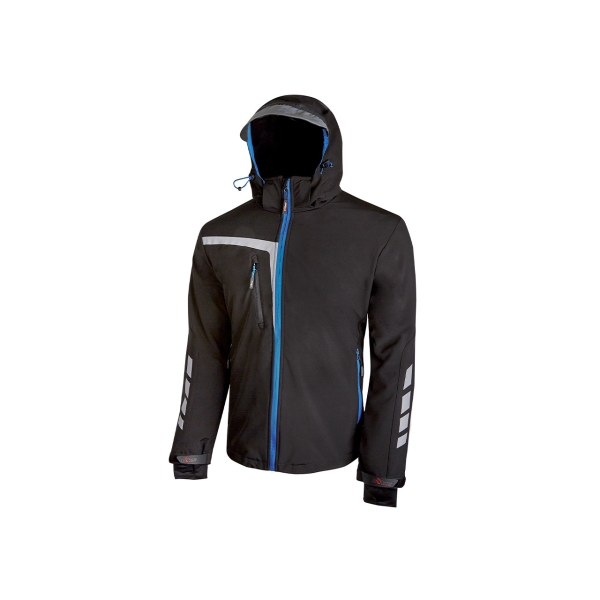 Upower Quick Chaqueta Soft Shell - Talla L - Tejido Elastico Cortavientos Transpirable, Repelente al Agua, Bolsillo Impermeable con Free Sound, Detalles Reflectantes, Proteccion DPI1 - Color Negro Carbon
