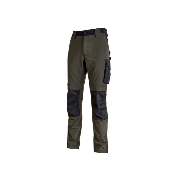 Upower Atom Pantalon de Trabajo con Tejido Stretch - Talla XL - Resistente y Transpirable, Repelente al Agua, Bolsillos Multifuncionales, Protector de Rodilla Certificado, Cintura Elastica Ajustable - Color Verde Oscuro