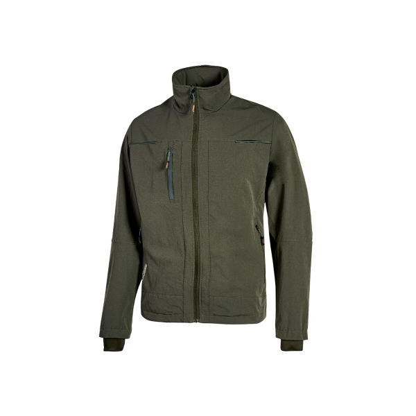 Upower Pluton Chaqueta de Tela Resistente - Talla 6XL - Suave, Repelente al Agua, Transpirable, Secado Rapido, Multiples Bolsillos, Capuchon Ajustable, Puños a Prueba de Viento, Proteccion DPI1 - Color Verde Oscuro