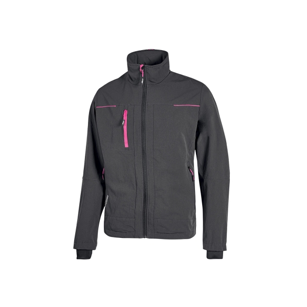 Upower Pluton Lady Chaqueta de Tela Resistente - Talla XS - Suave, Repelente al Agua, Transpirable, Secado Rapido, Multiples Bolsillos, Capuchon Retractil, Puños a Prueba de Viento, Proteccion DPI1 - Color Gris Fucsia