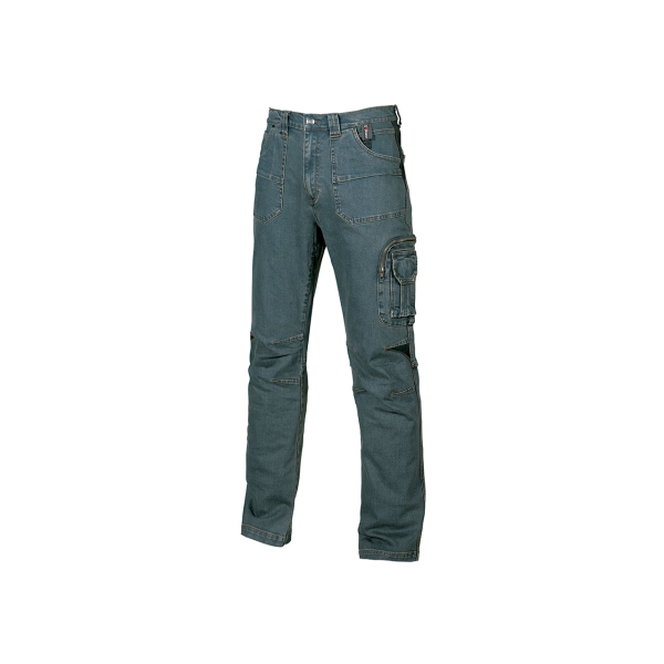 Upower Traffic Pantalon Jeans Stretch - Talla 56 - Ajuste Perfecto, Bolsillos Amplios y Multibolsillos, Porta Martillo, Insertos Elasticos en Rodillas, Cintura con Velcro, Triple Costura - Color Azul Vaquero