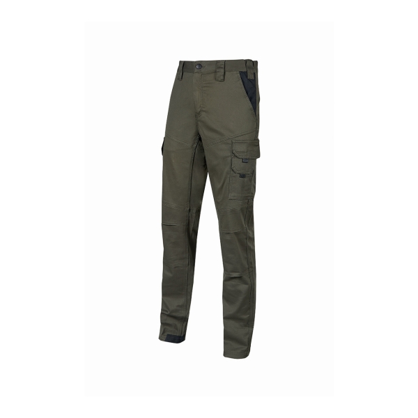 Upower Guapo Pantalones de Trabajo de Algodon Elastico - Talla L - Bolsillos Multifuncionales, Cierre Resistente, Proteccion Lumbar, Rodillas Preformadas, DPI1 - Color Verde Oscuro