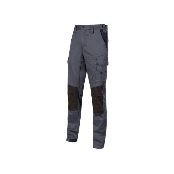 Upower Majo Pantalon de Trabajo Slim-Fit - Talla L - Algodon Elastico, Multiples Bolsillos, Detalles Reforzados, Cinta Reflectante, Correa Porta Martillo, Proteccion Lumbar - Color Gris Oscuro
