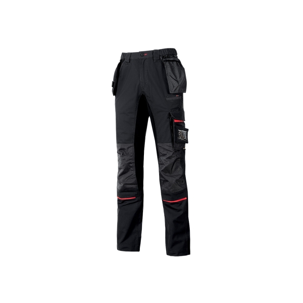 Upower Race Pantalon de Alta Calidad - Talla 52 - Multiples Bolsillos Desmontables, Cintura Ajustable, Paneles Elasticos, Refuerzos en Cordura, Proteccion DPI1 - Color Negro Carbon
