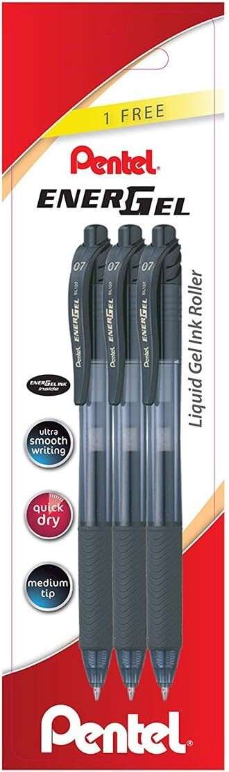 Pentel EnerGel X Pack de 3 Boligrafos de Bola Retractiles Tinta Gel - Punta 0.7mm - Trazo 0.35mm - Recargable - Grip de Agarre - 50% de Materiales Reciclados - Color Negro