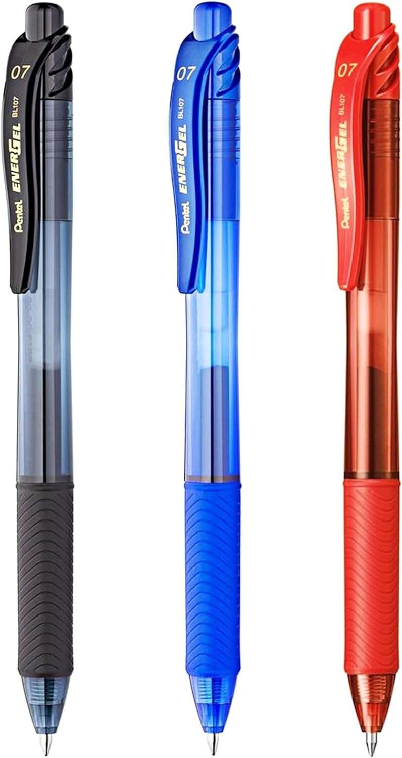 Pentel EnerGel X Pack de 3 Boligrafos de Bola Retractiles Tinta Gel - Punta 0.7mm - Trazo 0.35mm - Recargable - Grip de Agarre - 50% de Materiales Reciclados - Color Negro, Azul y Rojo