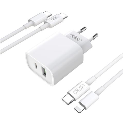 XO CE02 Cargador de Pared 38W - USB-C y USB-A - Cable USB-A a USB-C 1m - Color Blanco