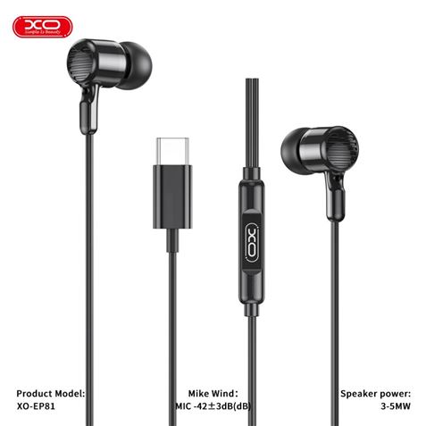XO EP81 Auriculares Intrauditivos con Microfono - Conexion USB-C - Cable de 1.20m - Color Negro