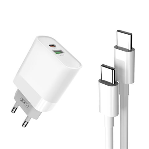 XO L64 Pack Cargador de Corriente 1x USB-A, 1x USB-C 18W Carga Rapida 3.0 + Cable USB-C a USB-C 1m